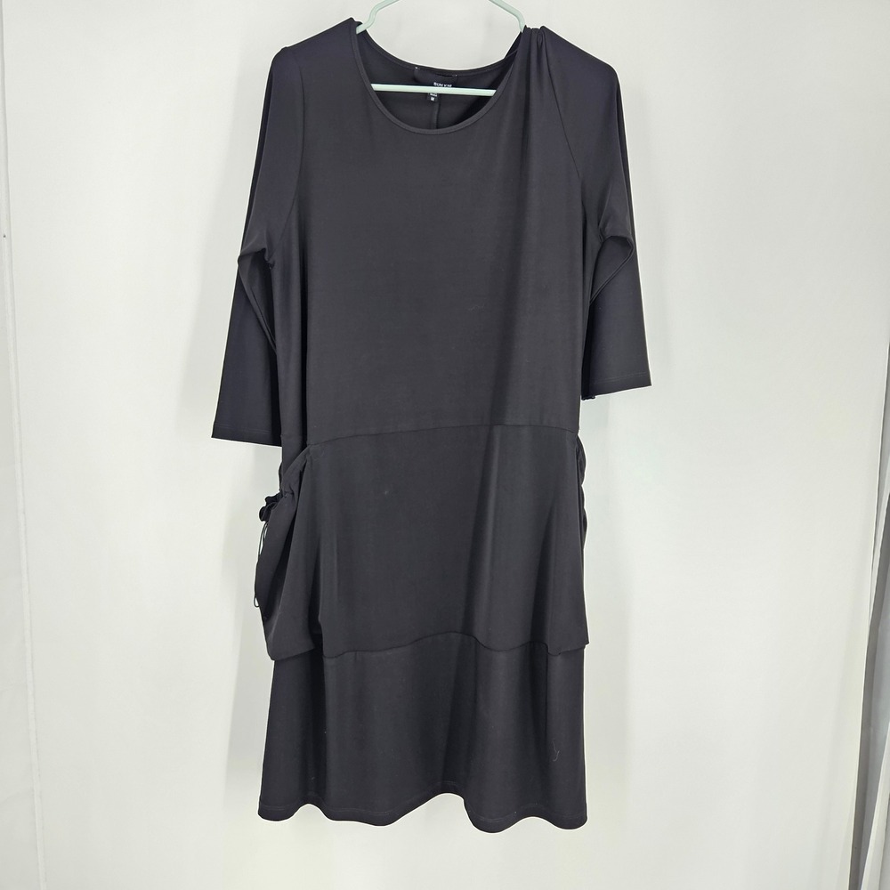 SUN KIM Tunic Dress Black Stretch Lagenlook Goth 3/4 Sleeve Drawstring Size M